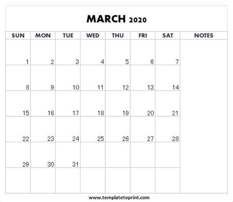 March Calendar 2020 Editable Download Free Template