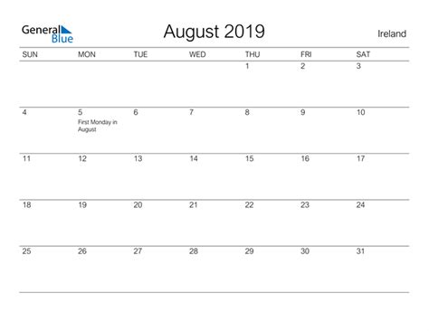 August 2019 Calendar With Ireland Holidays