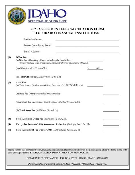 2023 Idaho Assessment Fee Calculation Form For Idaho Financial