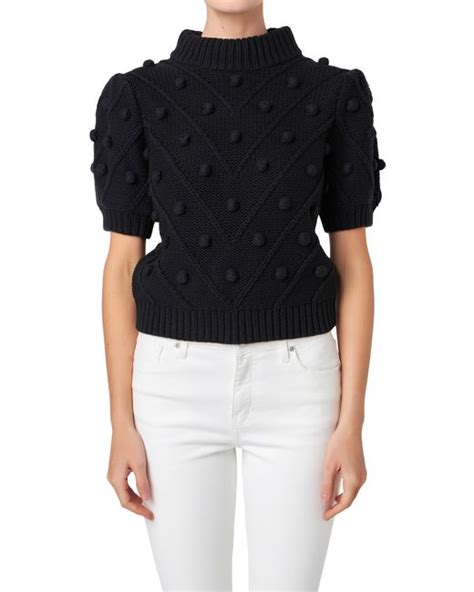 English Factory Pompom Puff Sleeve Sweater In Black Lyst