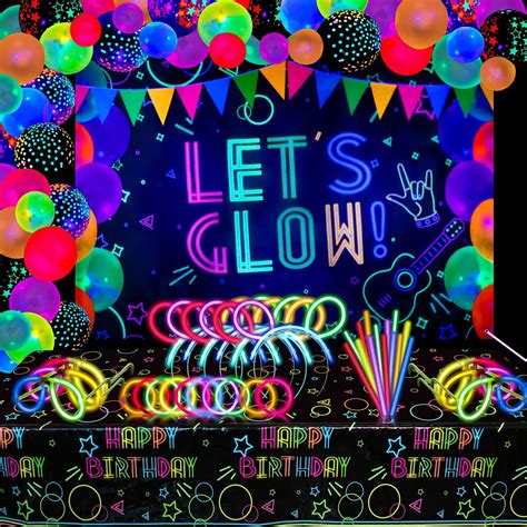 190 Pcs Neon Glow Birthday Party Supplies Lets Glow Backdrop Banner