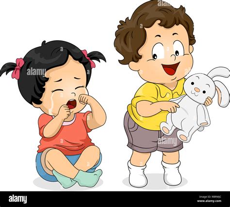 Illustration Of A Kid Boy Not Sharing His Bunny Toy To A Crying Kid