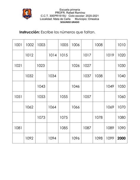 Ejercicio De Del 1000 Al 2000 Actividades De Matematicas Escritura