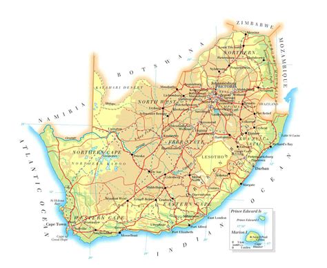 Detailed Physical And Road Map Of South Africa Detailed Physical And Road South Africa Map