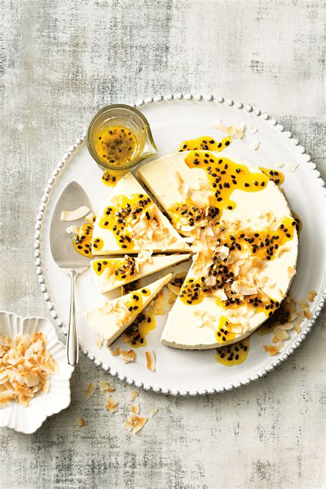 The crust contains roasted almonds and cashews, cacao powder, coconut oil, and agave. White Chocolate and Passionfruit Cheesecake - Domayne ...