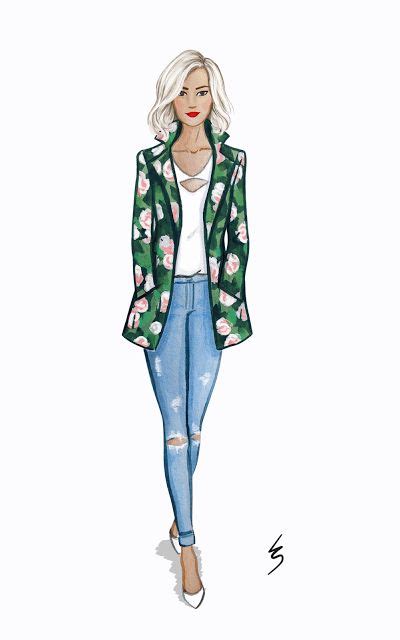 A Drawing Of A Woman In Ripped Jeans And A Green Jacket With Flowers On It