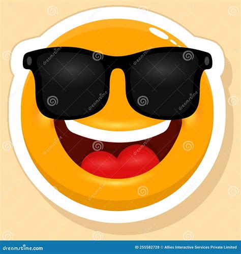 Black Goggles Wearing Happy Cartoon Emoji Sticker On Yellow Stock