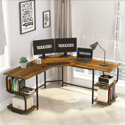 Teraves L Shaped Computer Desk With Bookshelves Large Corner Desk Home Office Workstation Desk
