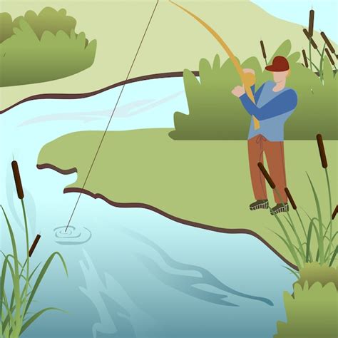 Premium Vector Man Fishing In Lake Cartoon Vector Illustration