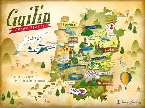 Premium Vector China Guilin Travel Map With Famous Attractions And