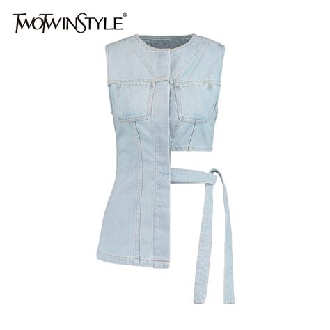 Twotwinstyle Lace Up Bowknot Denim Vest For Women O Neck Sleeveless Hollow Out Casual Vests