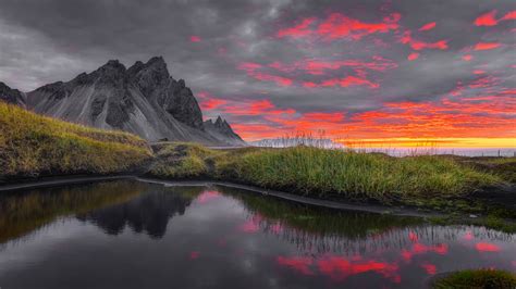 Iceland Vestrahorn Mountain Reflection On Water During