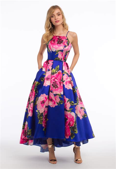 Flaunt this floral tea-length evening dress all summer long! The high ...