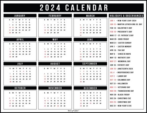 2024 Calendar With Holidays World Of Printables