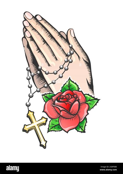 Tattoo Of Praying Hands With Cross And Rose Fower Vector Illustration