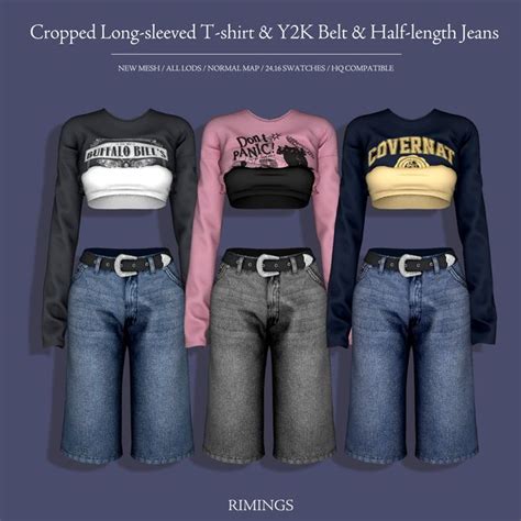 Rimings Cropped Long Sleeved T Shirt And Y2k Belt And Half Length Jeans