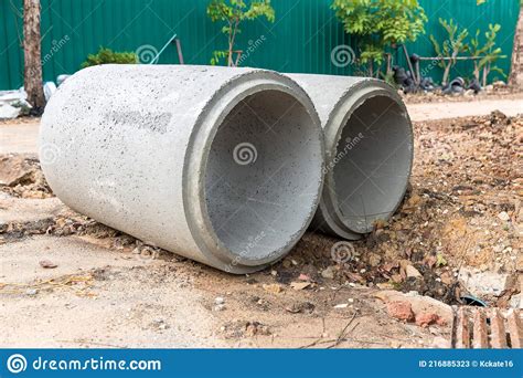 Concrete Drainage Pipe On A Construction Site Concrete Drainage Pipes