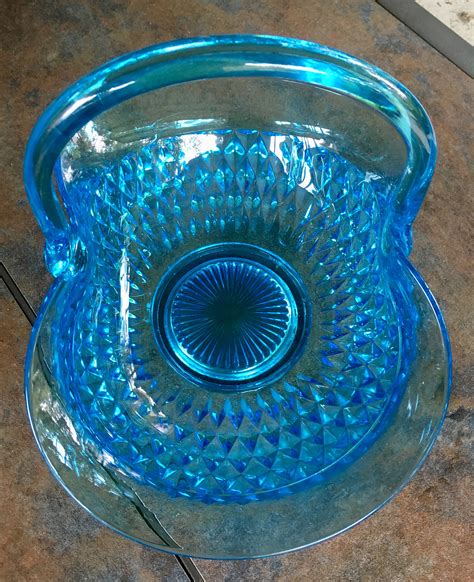 Indiana Glass Tiara Diamond Cut Aqua Blue Large Basket