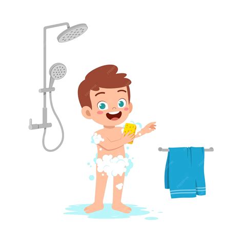 Criança Tomar Banho E Lavar O Corpo Vetor Premium