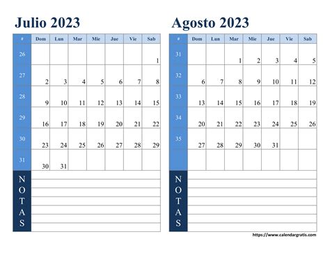 Calendario Julio Agosto 2023 Con Notas Calendar Gratis