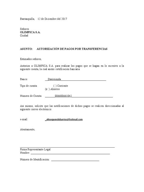 Modelo Carta Autorización Pago Por Transferencias Pdf