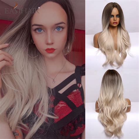 easihair ombre brown light blonde platinum long wavy middle part hair wig cosplay natural heat