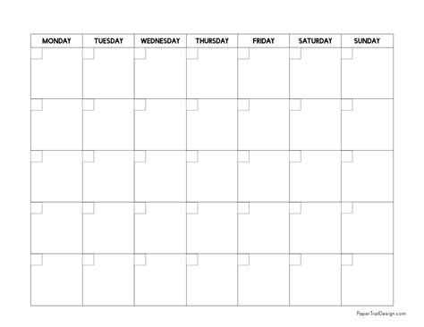 Monday Start Blank Calendar Template Paper Trail Design