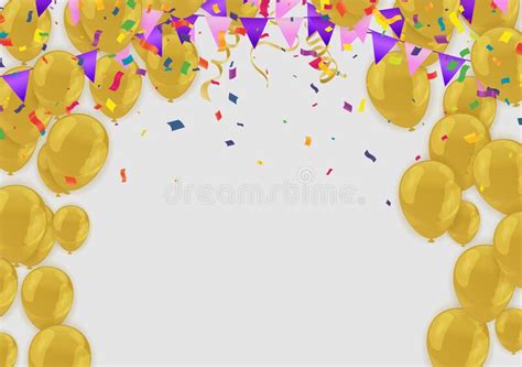 Gold Balloons And Celebration Background Template With Confetti And