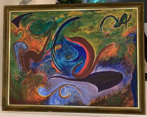 Colorful Framed Vintage Abstract Oil Painting Mid Century Modern Wall