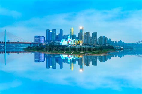 City Architecture Landscape And Colorful Lights In Chongqing Stock