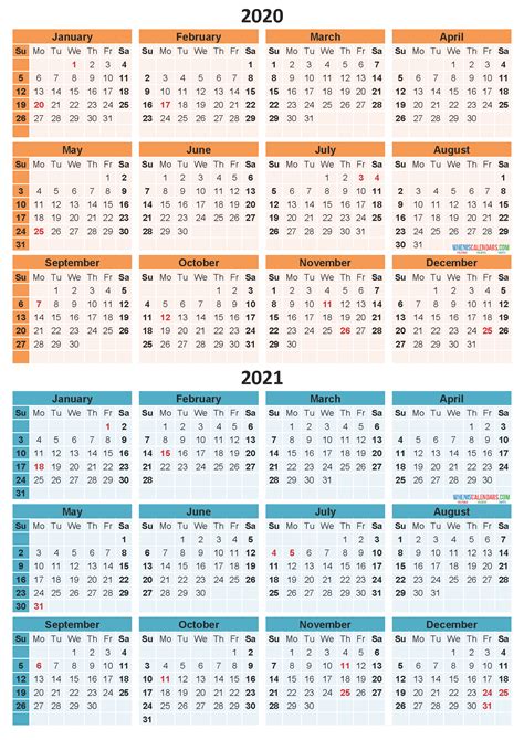 2020 And 2021 Calendar Printable With Holidays Free Download