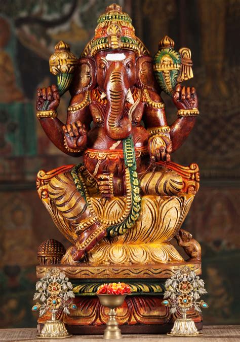 SOLD Wooden Red Ganapathi Statue on Lotus Base 24