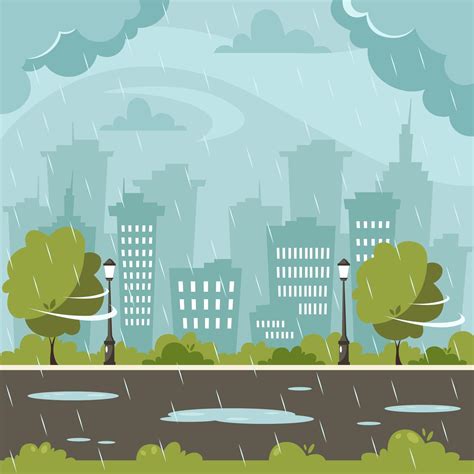 Rain On City Background Rainy And Windy Day Vector Illustration In