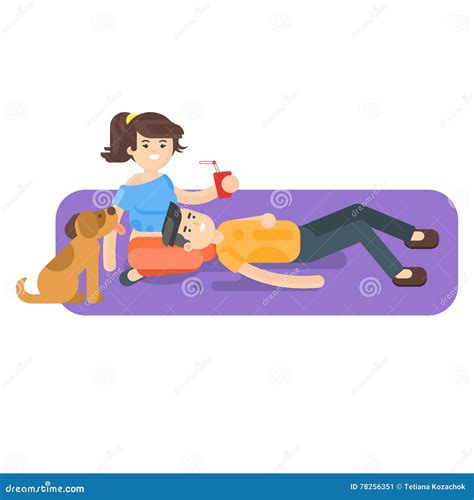 Vector Flat Style Illustration Of Young Happy Couple Having Picnic