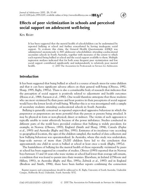 Effects Of Peer Victimization In Schools And Perceived Social Support On Adolescent Well Being