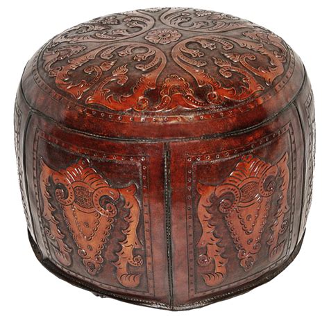 Tooled Leather Large Round Colonial Ottoman in Antique Brown