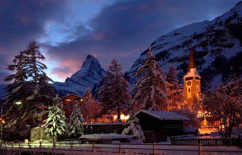 Magical Winter Night Church And Matterhorn Zermatt Switzerland
