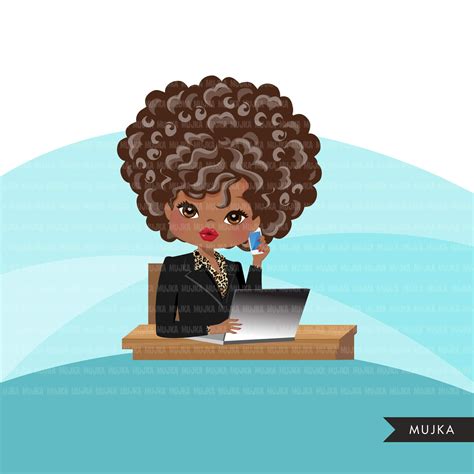 Afro Woman Business Avatar Clipart With Laptop And Cellphone Print An
