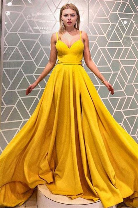 Simple A Line Spaghetti Straps Yellow Prom Dresses Cheap Long Formal