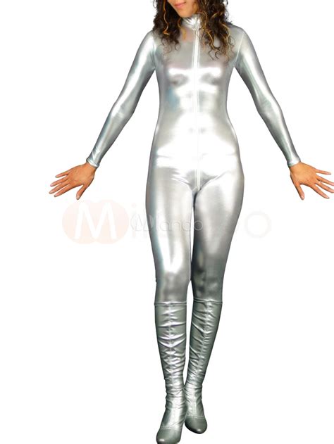 Halloween Zentai Catsuit Silver Metallic Spandex Morphsuit Milanoo Com