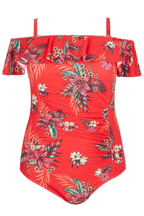 Red Tropical Floral Cold Shoulder Swimsuit Sizes 16 To 36 Yours