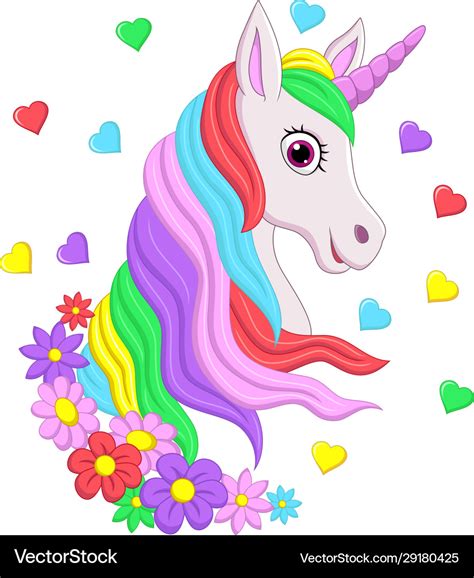 Cute Pink Unicorn Head With Rainbow Mane Flowers Vector Image