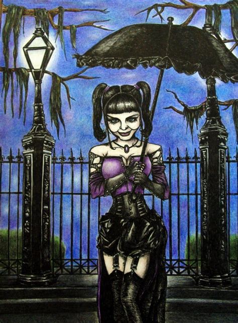 Goth Girl New Orleans Umbrella Midnight Stroll Colored Pencil Drawing 11x14 Art Print Goth