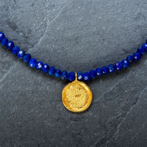 18k Gold Round Pendant Necklace Shown With Lapis Lazuli Gemstones