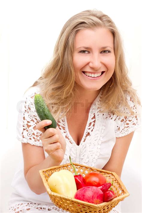 Frau Mit Obst Und Gemüse Stock Bild Colourbox