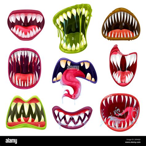 Halloween Monster Mouths Teeth And Tongues Cartoon Vector Set Scary