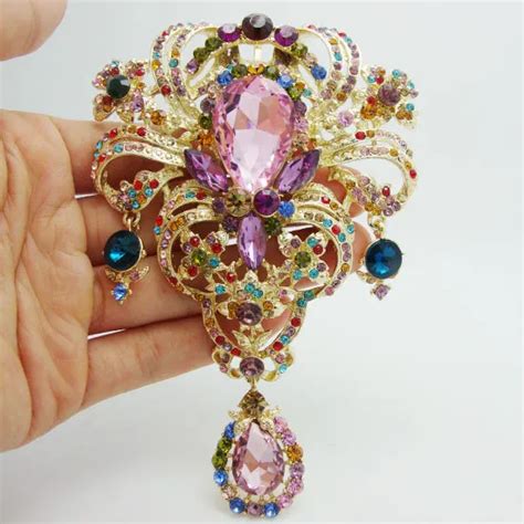 Huge Fashion Luxurious Decorative Flower Drop Brooch Pin Color Rhinestone Crystal Pendant In