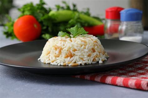 Traditional Turkish Rice Pilav Plain Pilaf Portion Served Stock Photo