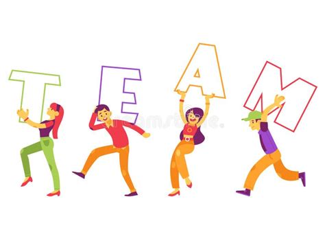 Vector Illustration Of Team Text Design With Various People Holding Big