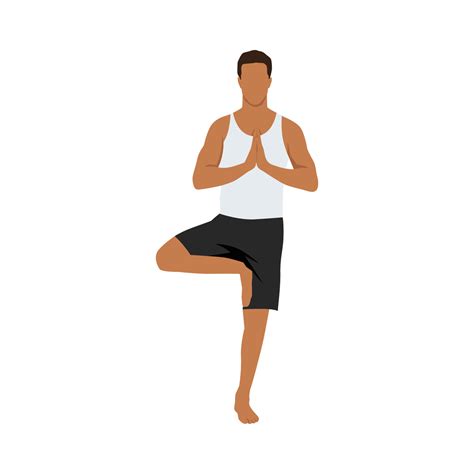 Young Man Practicing Yoga With Tree Pose Vrksasana Asana Stand On One